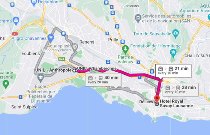 Google map of public transit directions to the gala dinner